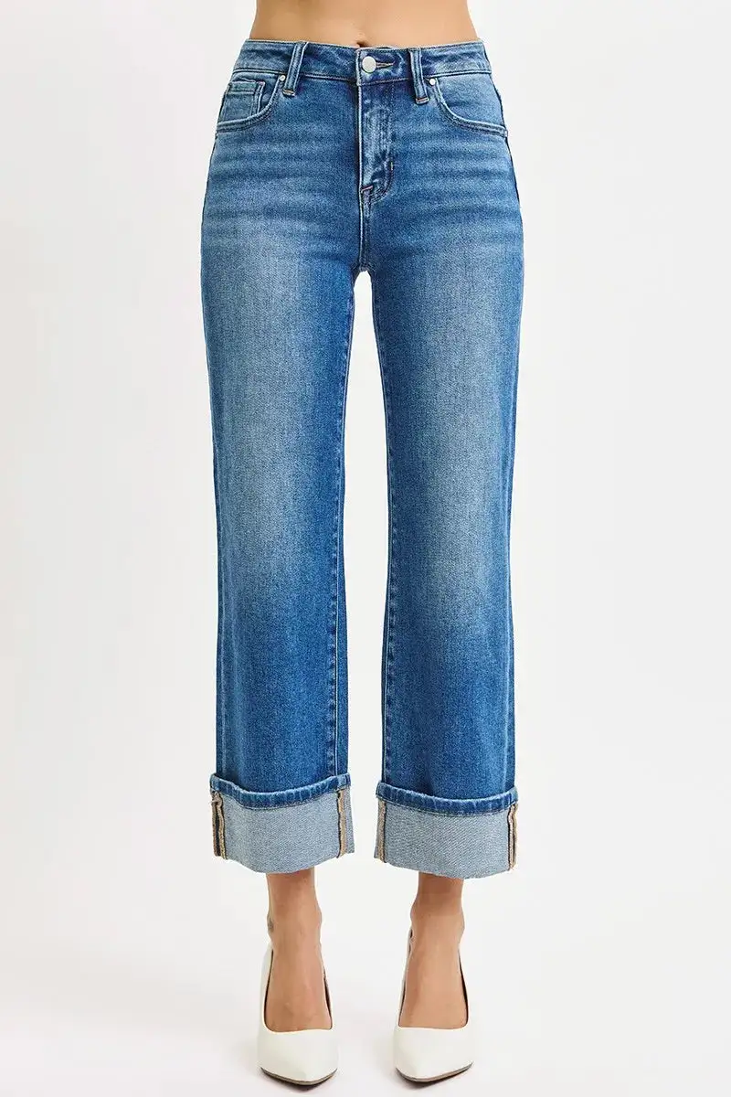 Mid-Rise Cropped Raw-Hem Washed Straight Leg Jeans