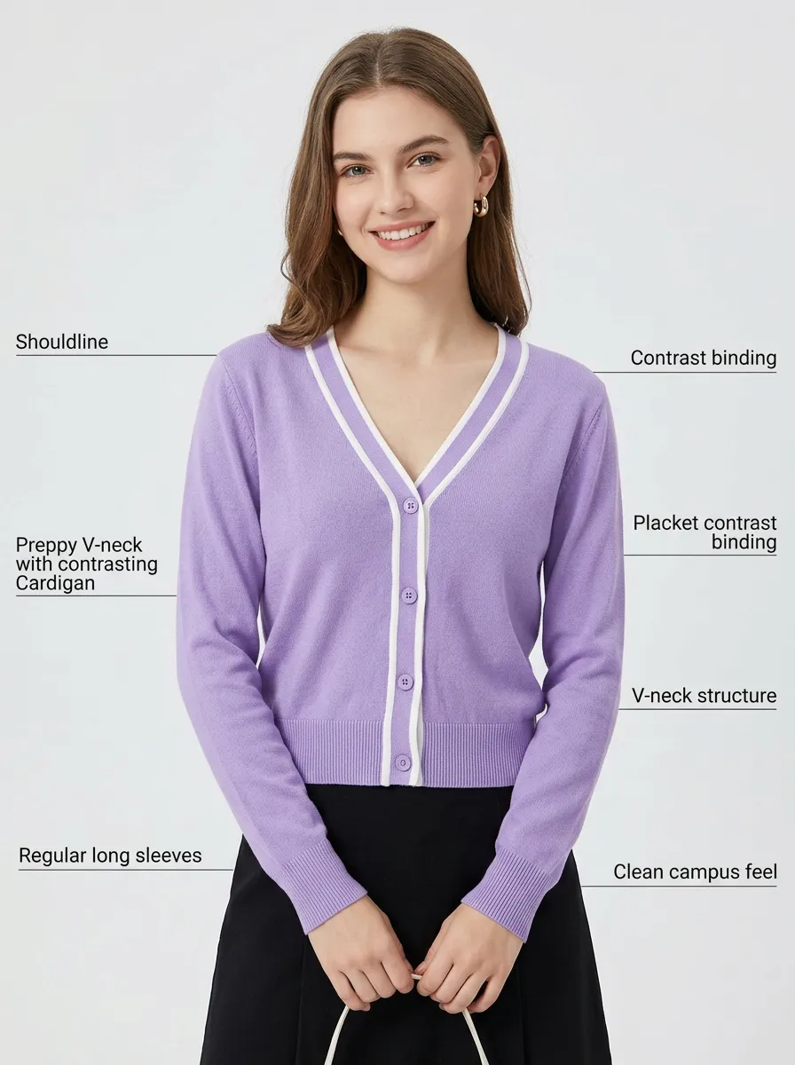 Women's Preppy Style Contrast Binding V-Neck Knitted Cardigan
