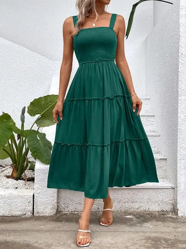 Women'S Frill Trim Ruffle Hem Shirred Backless Sundress Cami Dress, Sleeveless A Line Long Dress, Women'S Clothing For Summer Beach Holiday, Boho Clothes Women, Vintage Girly Clothes,