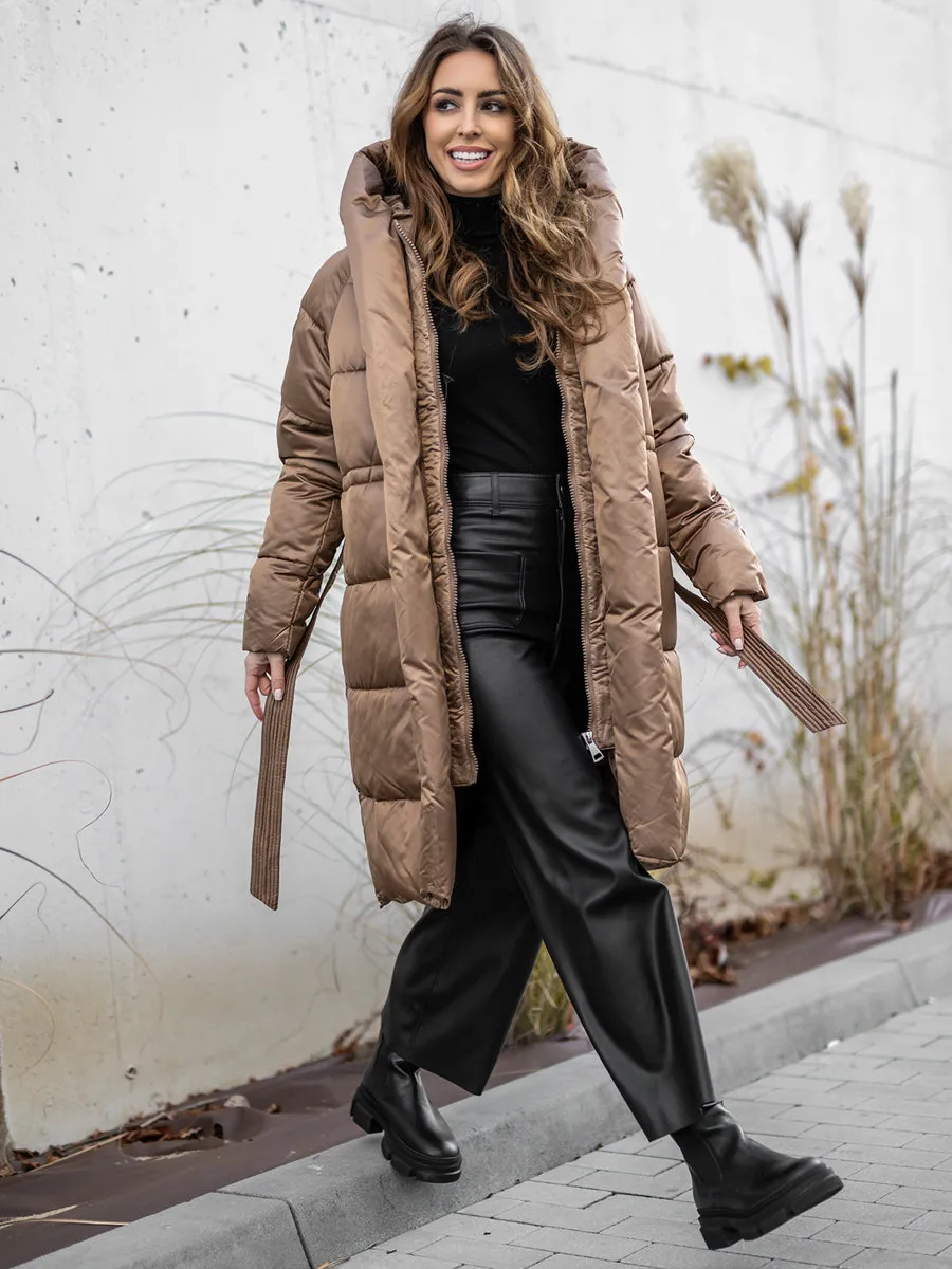 Camel women's long quilted winter jacket with hood