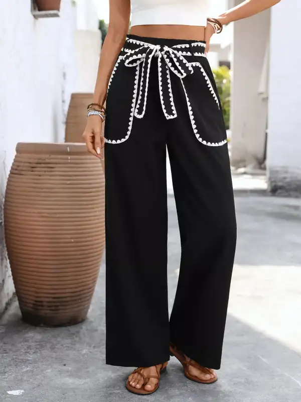 Wide Leg Tie Waist Crochet Trim Drawstring Pants