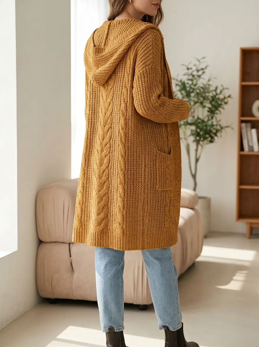 Women's Cable Knit Hooded Long Cardigan