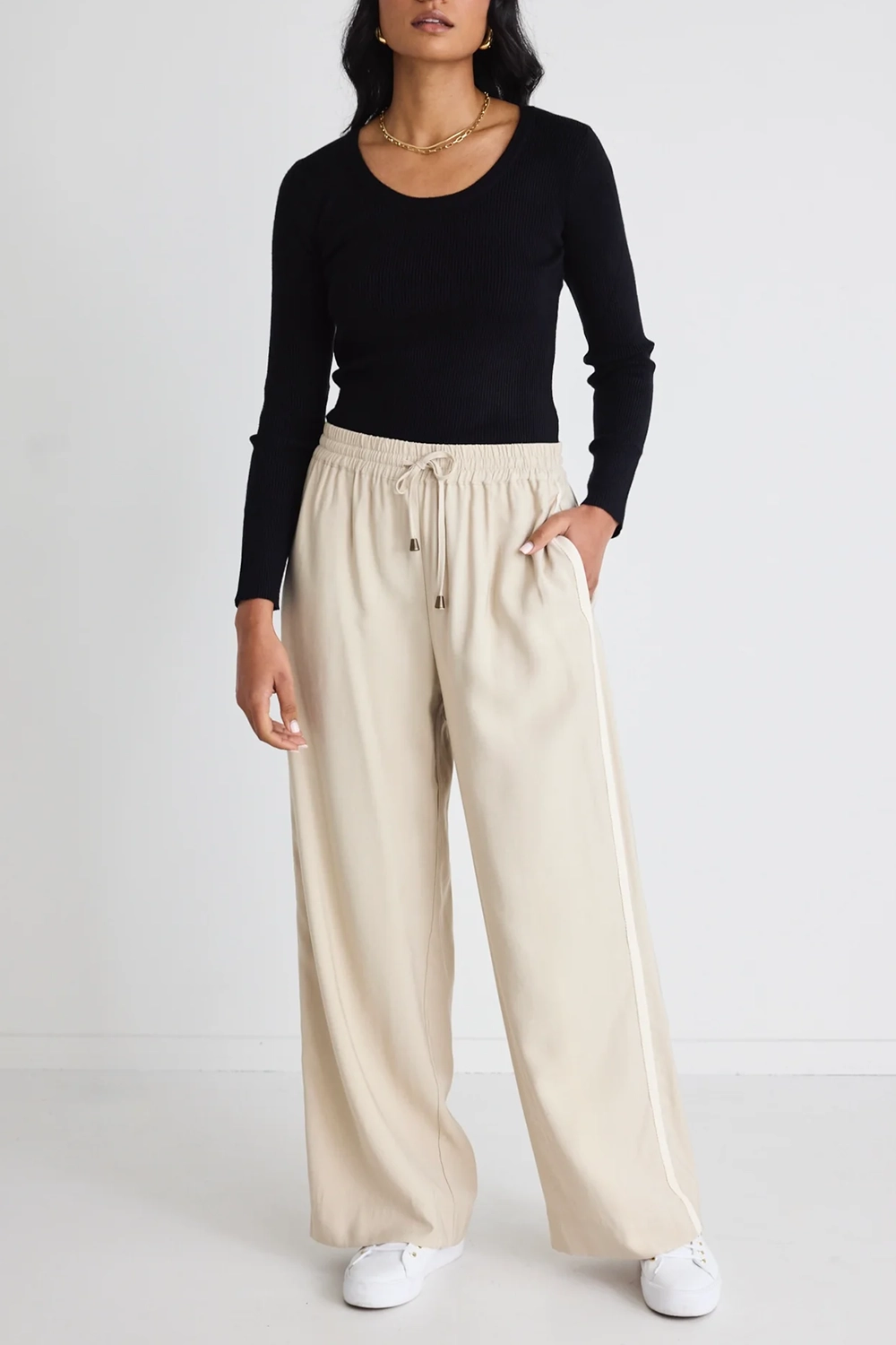 Sand Stripe Tape Wide - Leg Trousers