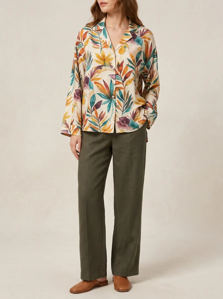 Women's Watercolor Leaf Printed Long Sleeve Shirt