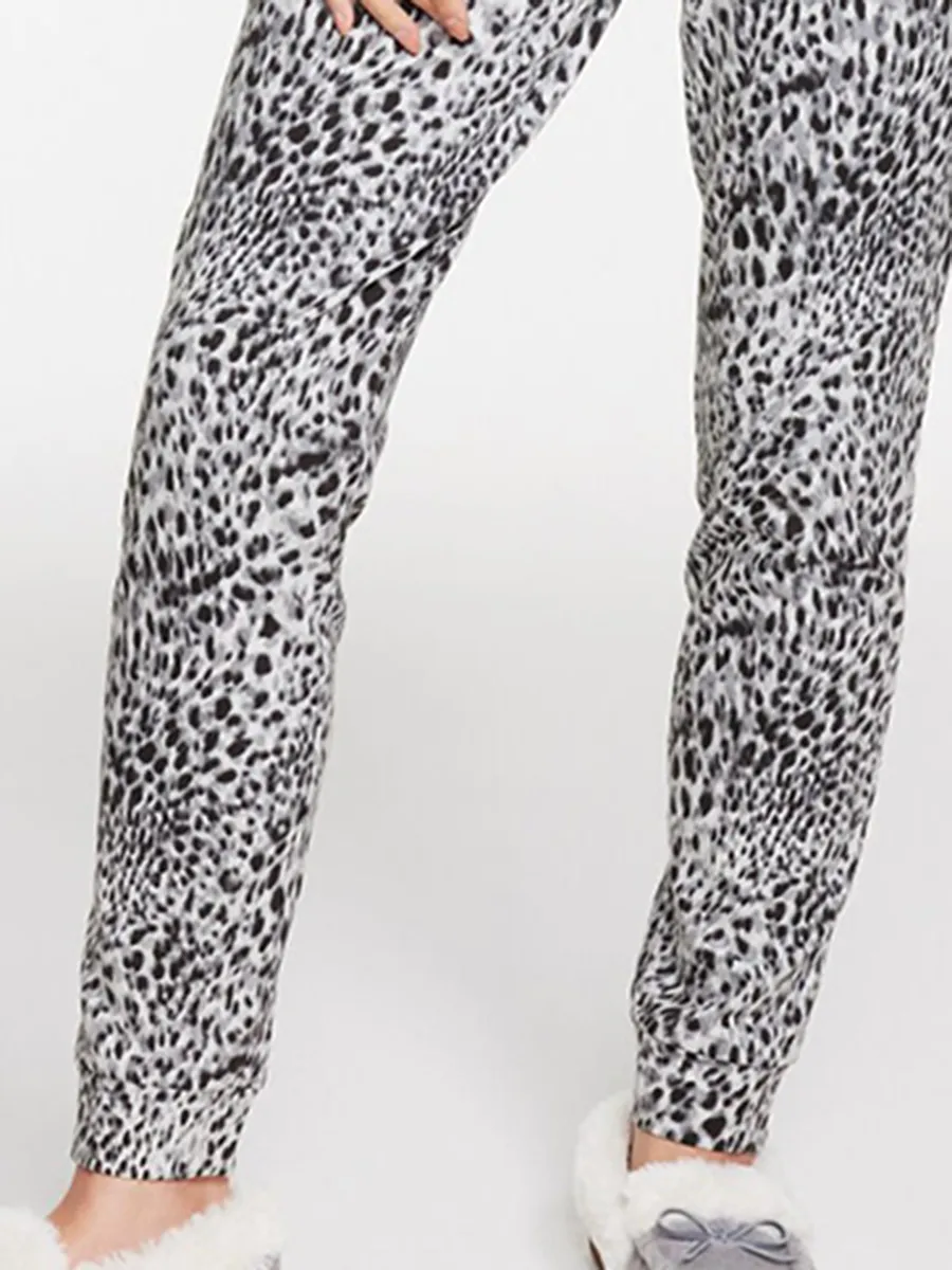 Women'S Cozy Gray-White Leopard Print Slim-Fit Loungewear Set