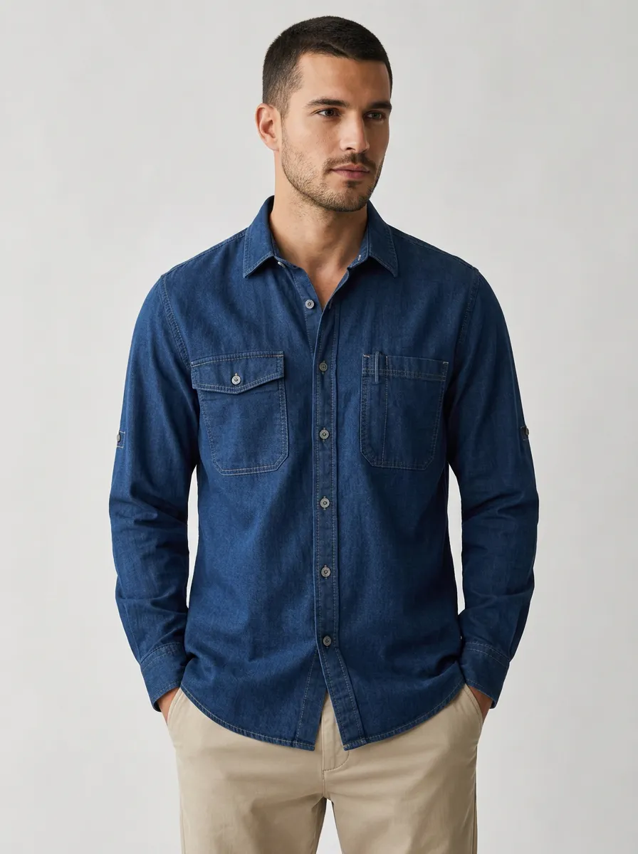 Men's Casual Breathable Denim Button-Down Long Sleeve Shirt
