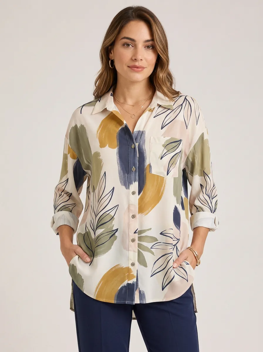 Women's Abstract Botanical Leaf Printed Button Down Shirt