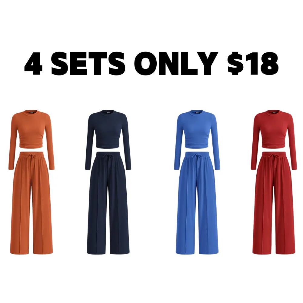 Ribbed Knit Set: Cropped Long-Sleeve Top and Wide-Leg Pants Casual Homewear Set