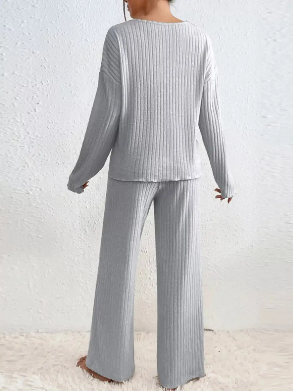 Ribbed Knit V Neck Top and Pants Set