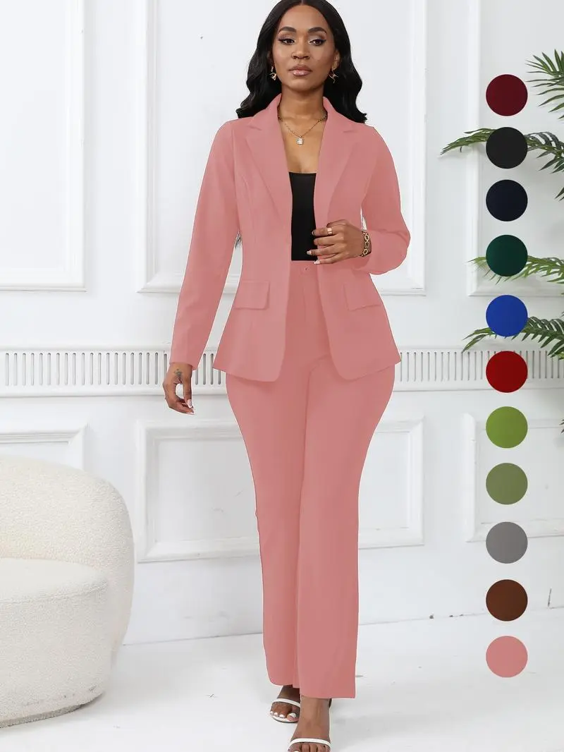 Women's Basic Plain Button Lapel Neck Blazer & Suit Pants
