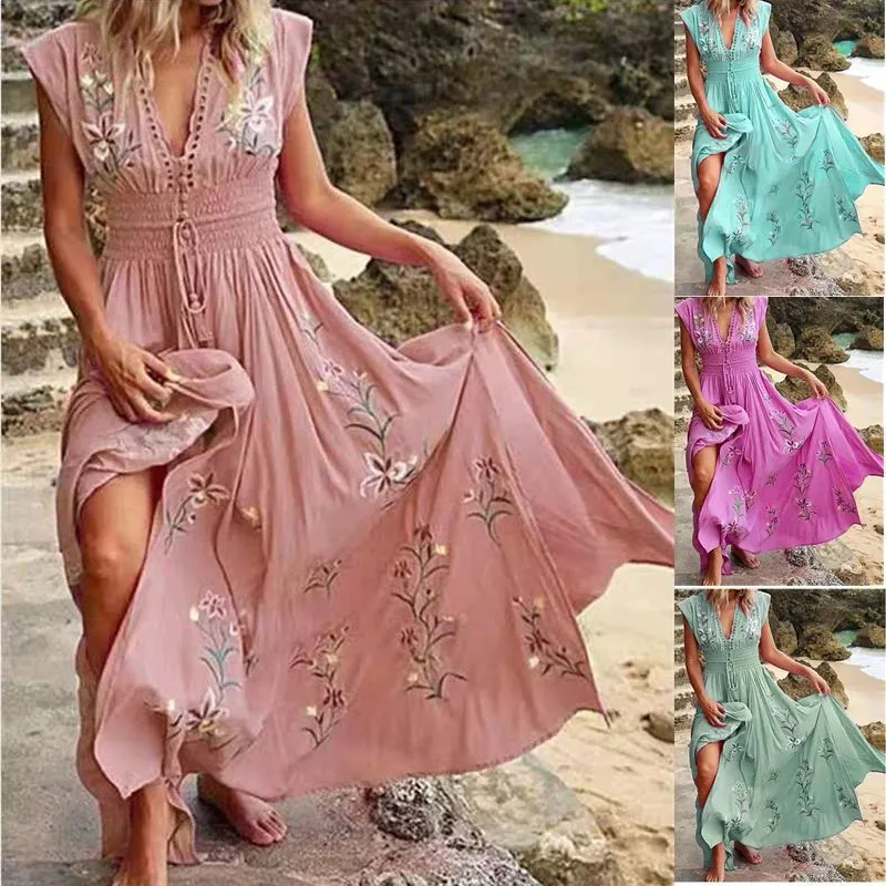 Summer Women's V-neck French Beach Bohemian Printed Dress