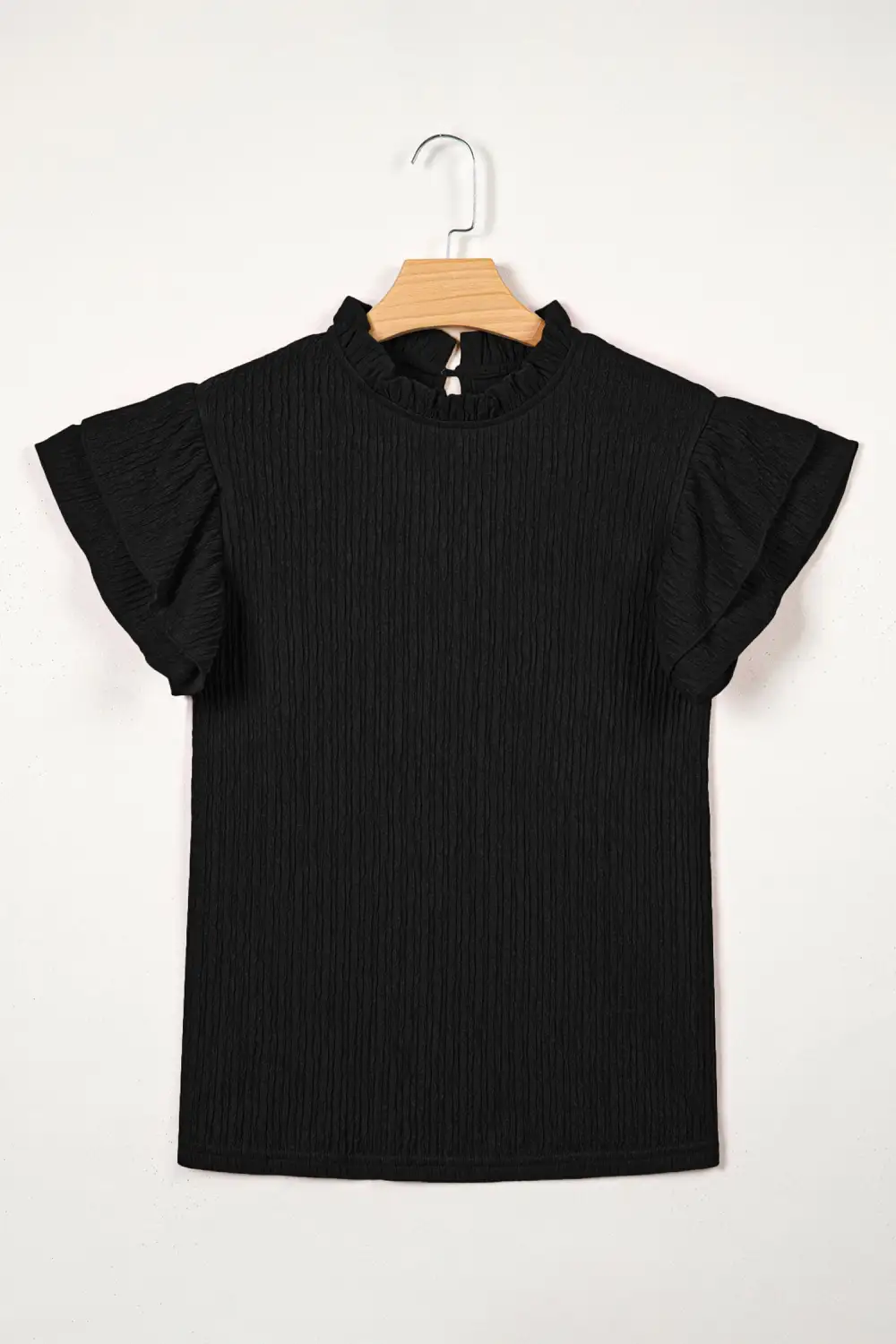 Black Solid Color Textured Ruffle Trim Short Sleeve Blouse