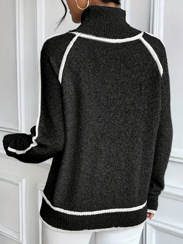 Paneled High Neck Long Sleeve Relaxed Fit Sweater