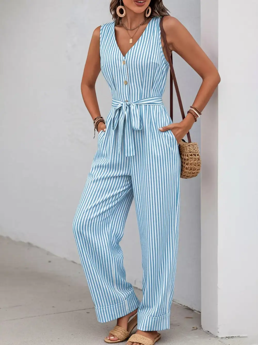 Striped Button Front Tie Waist Wide Jumpsuit