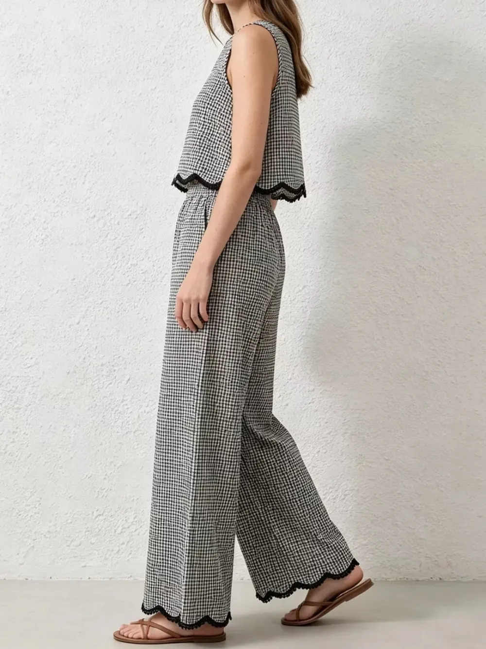 Plaid Scalloped Trim Tank and Pants Set