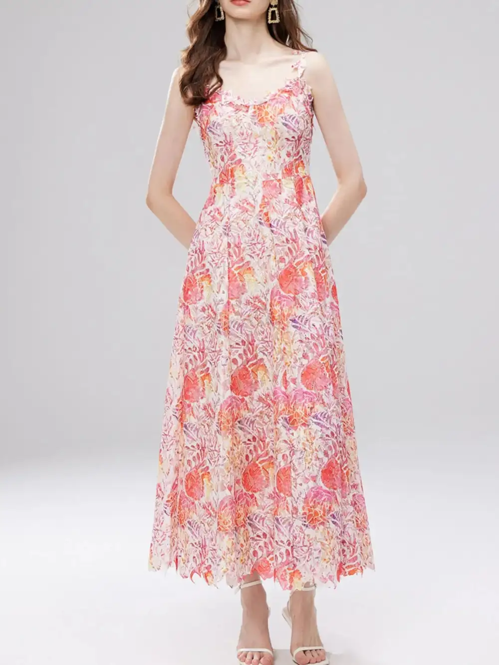 Floral Lace V Neck Midi Dress