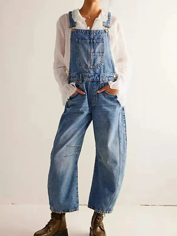 Wide Strap Wide Leg Denim Overalls Full-Length Bib Overalls