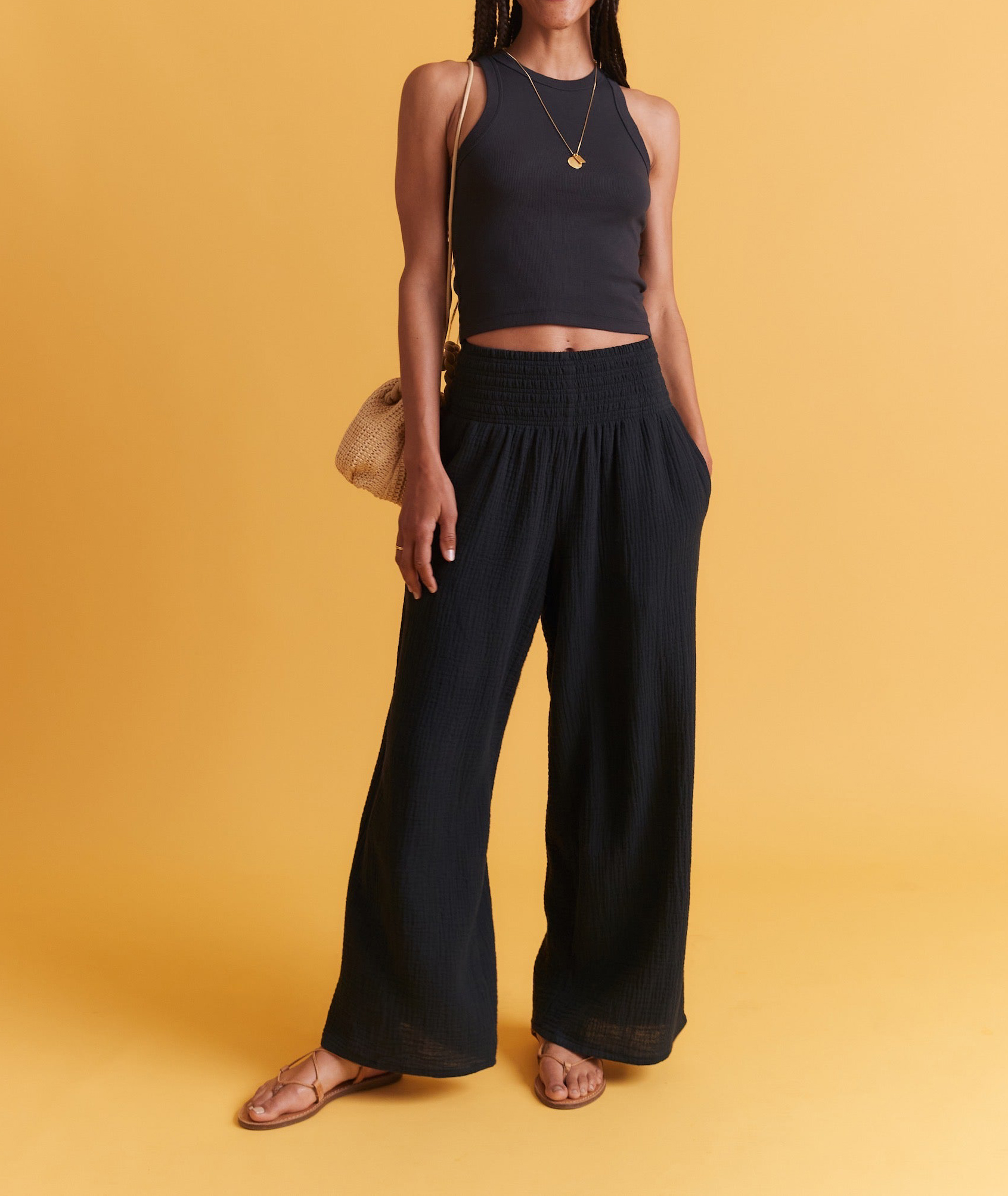 Black Elastic-Waist Palazzo Pants