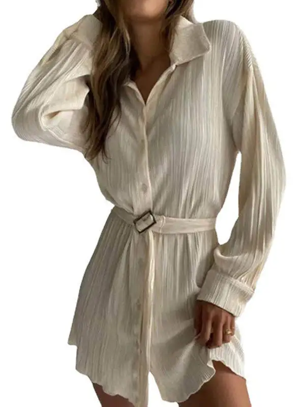 Long Sleeve Buttoned Pleated Solid Color Tied Waist Lapel Mini Dress