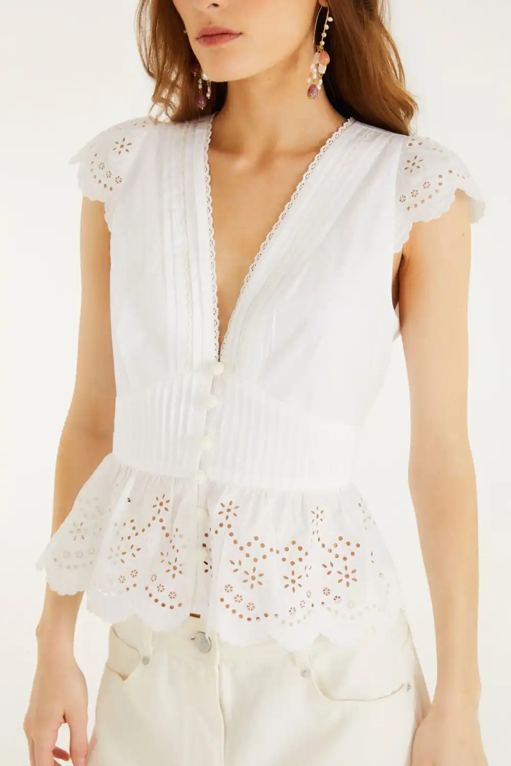 Organic-Cotton Cotton Lace-Trim Embroidered Blouse