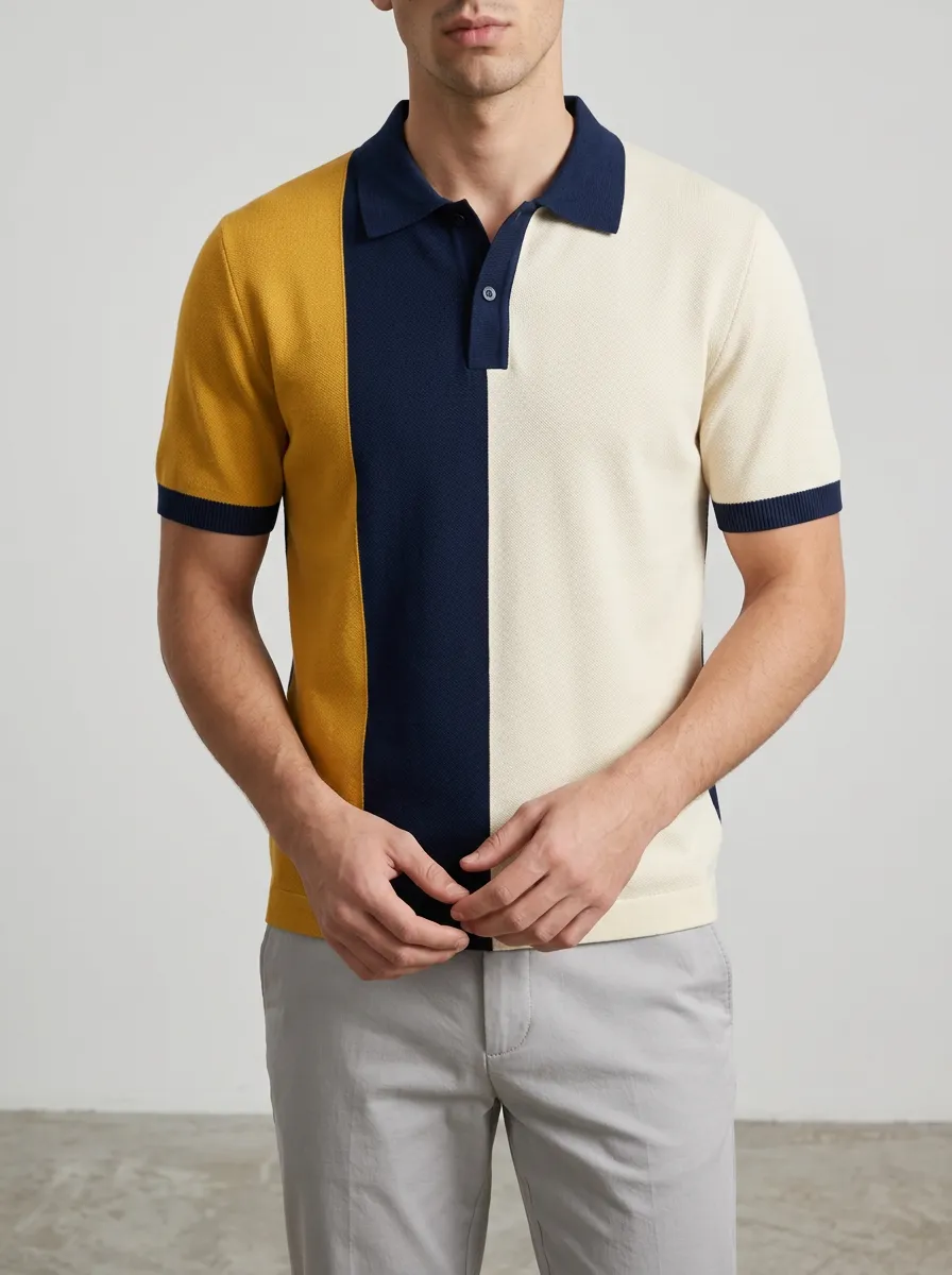 Men's Colorblock Mustard Navy White Stripe Polo Shirt