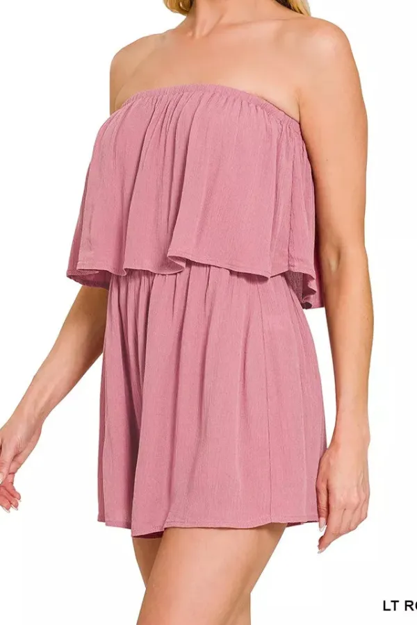 Zenana Woven Crinkle Strapless Rompers