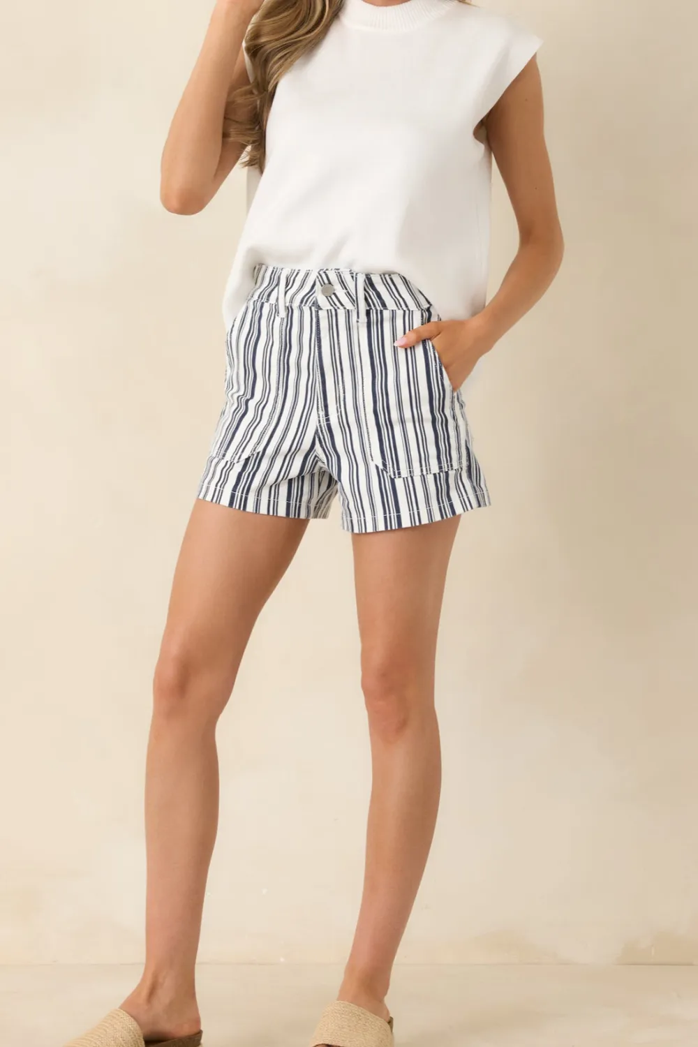 Striped Cotton High Waist Denim Shorts