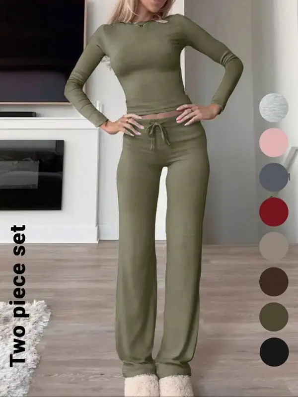 Women's Solid Color Long Sleeve Crop Tee & High-Waisted Drawstring Pants Set, Casual Everyday Slim Fit Outfit for Fall & Winter Seasons
