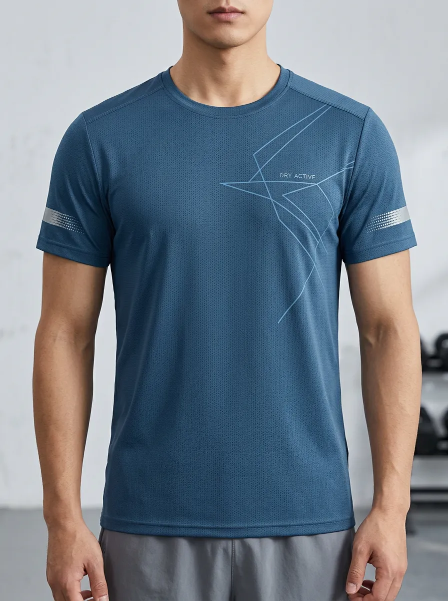 Men's Geometric Graphic Reflective Strip Printed Dry-Fit T-Shirt