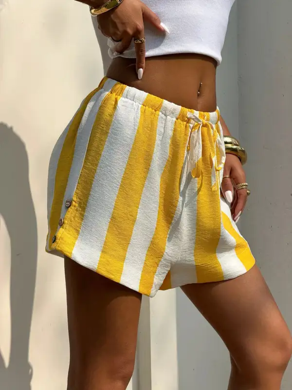 Textured Drawstring Striped Shorts