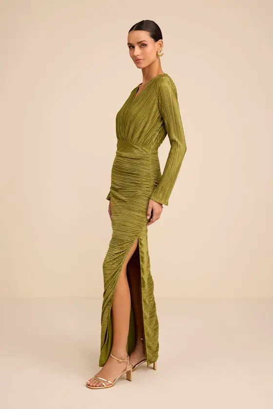 Seren Olive Green Plisse Surplice Maxi Dress