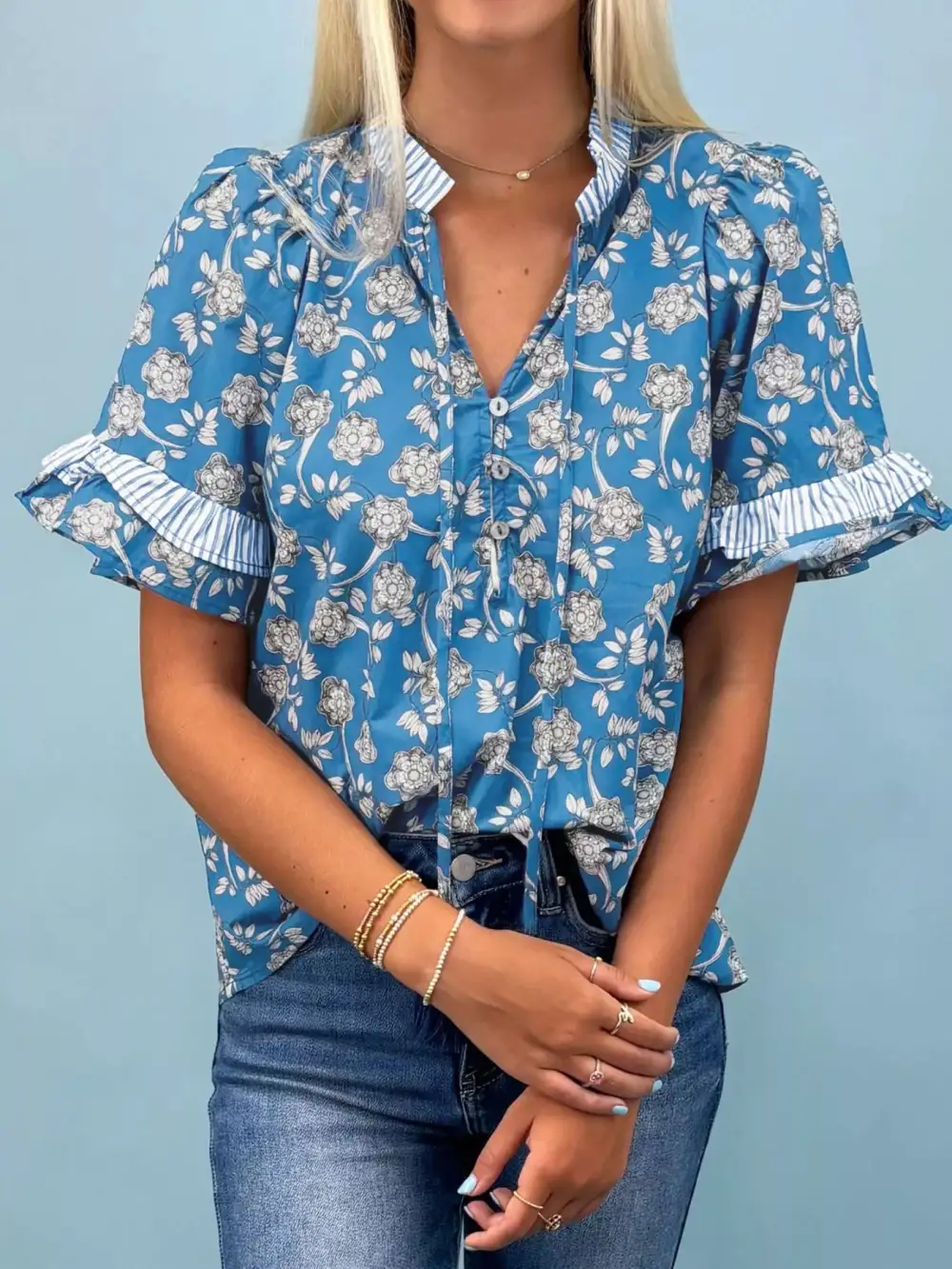 Relaxed Floral Print Ruffle Sleeve Blouse