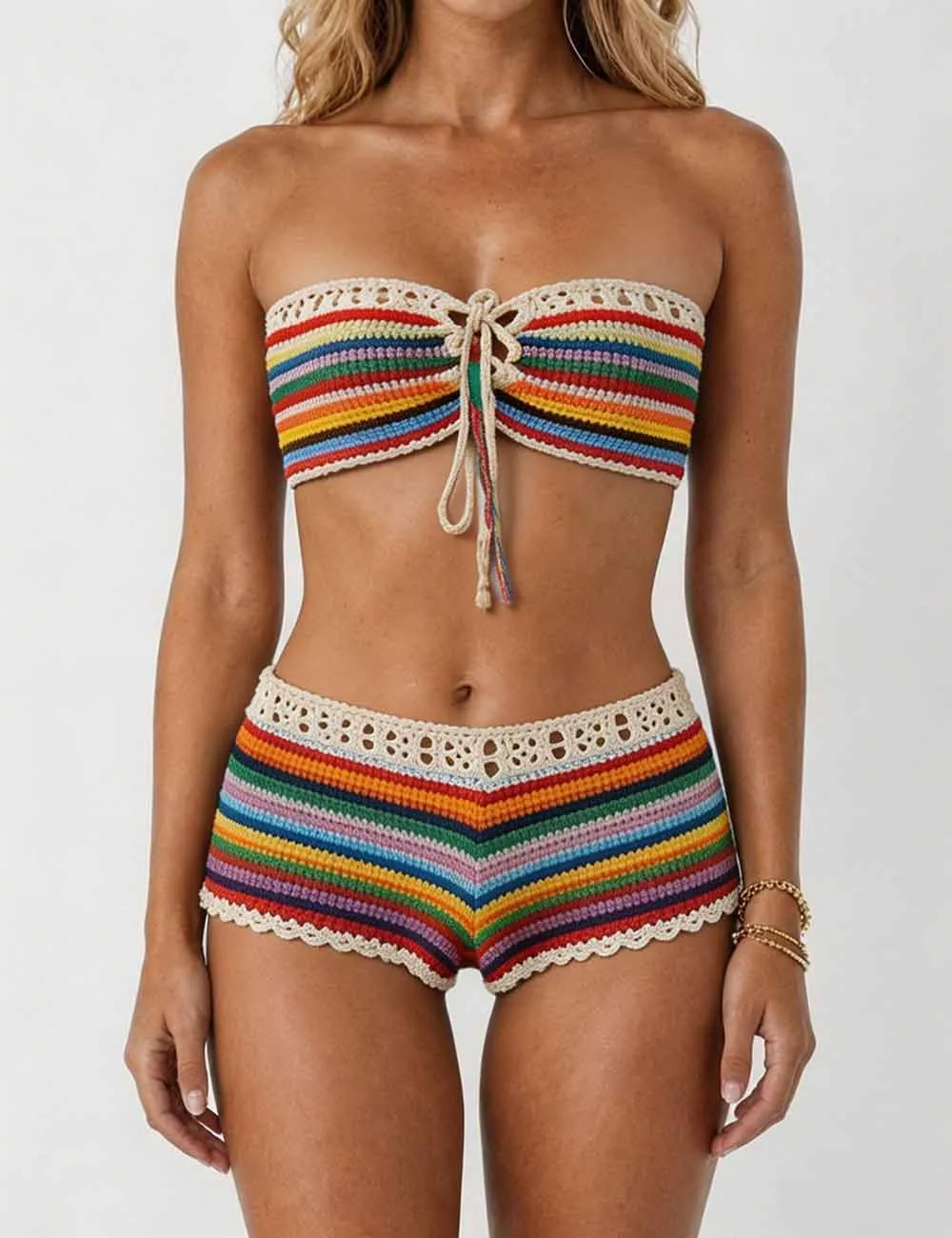 Rainbow Crochet Bandeau Bikini Set with Cover Up Shorts