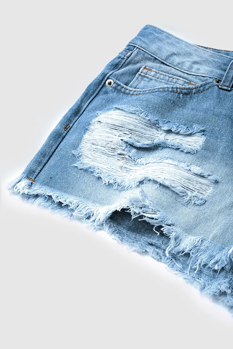 Button Fly Distressed Raw Hem Denim Shorts