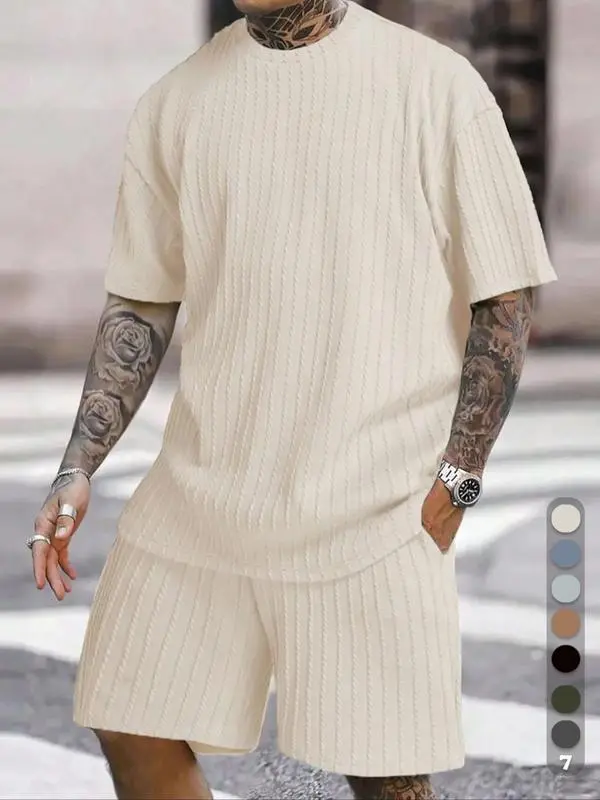 Men's Solid Textured Drop Shoulder Short Sleeve Tee & Drawstring Waist Shorts Set, Spring & Summer Clothes, Back To School Loose Casual Fashion Crew Neck T-shirt & Pocket Shorts for Daily Outdoor Wear, Men Outfits, Fall Outfits