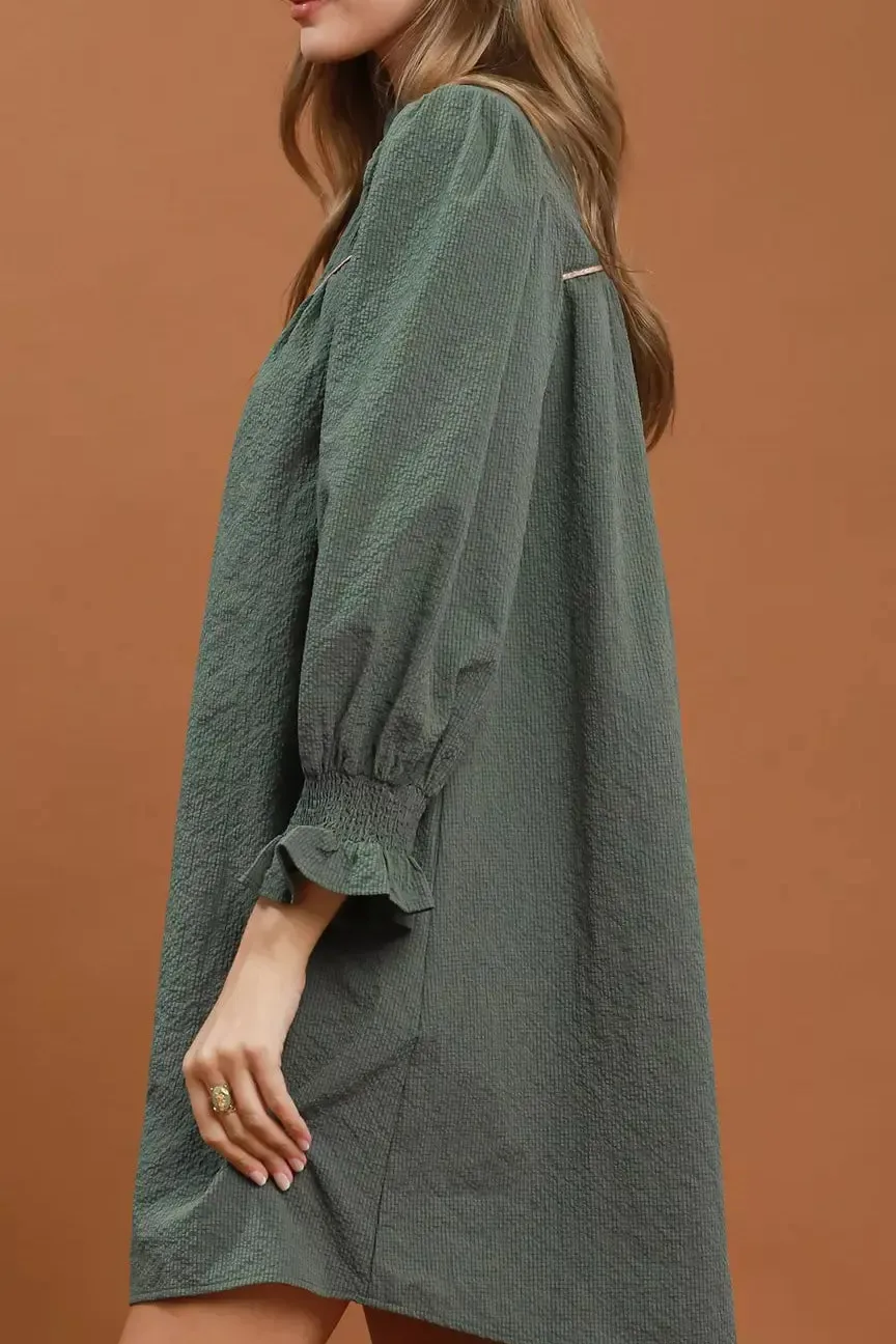 Pocketed Textured Puff Sleeve Mini Dress