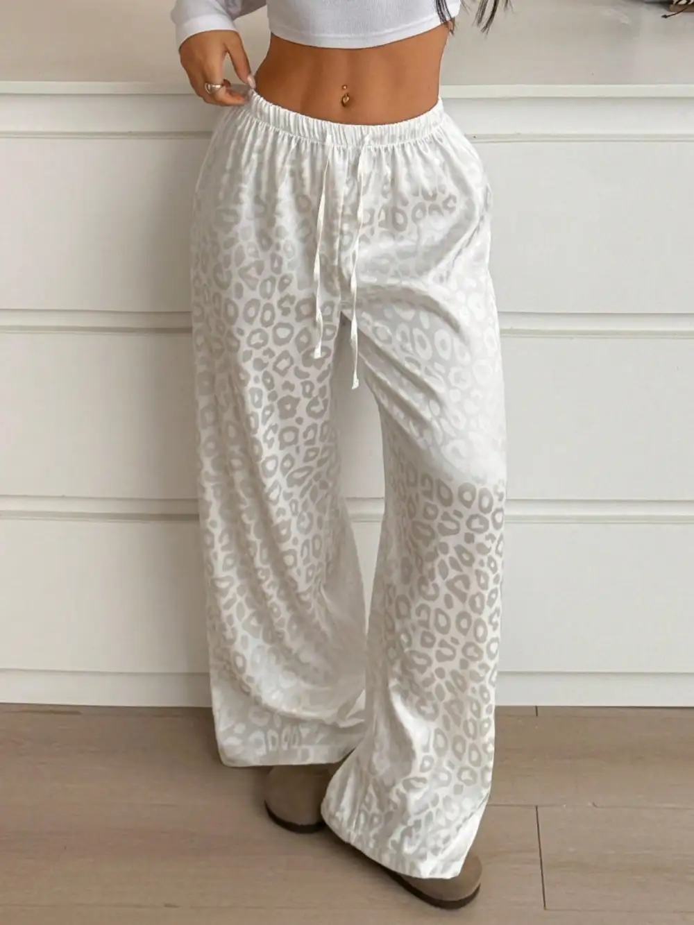 Wide Leg Leopard Print Drawstring Casual Pants