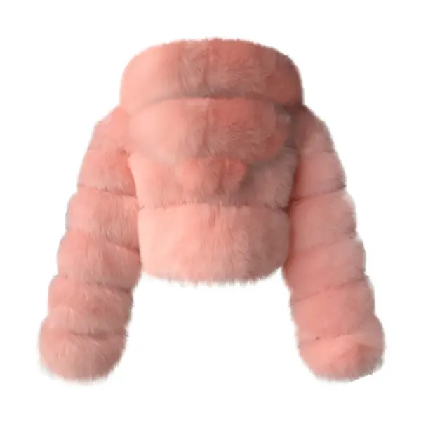 Pink Faux Fur Coat Women with Hood Cropped Bubble Coats Fleece Short Warm Jackets Plus Size Winter Coats for Women
