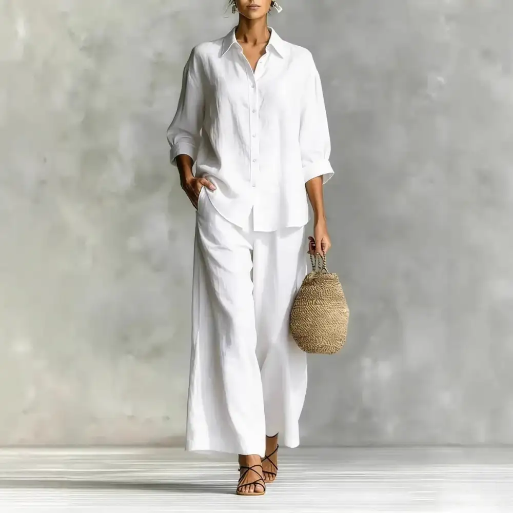 Wide-Leg Button-Up Linen Women's Matching Set