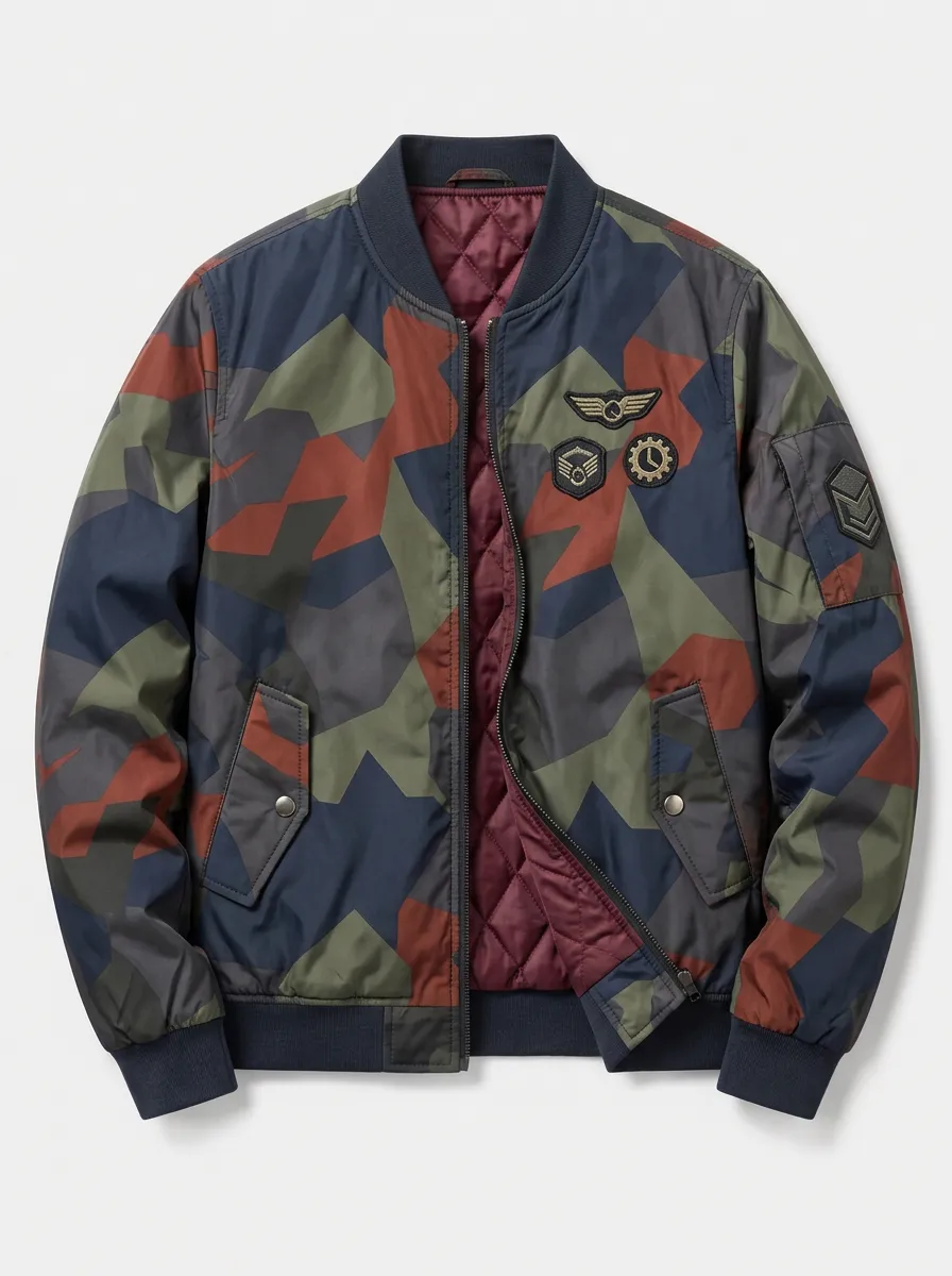 Men's Military Tactical Camo Embroidered Patch Quilted Bomber Jacket