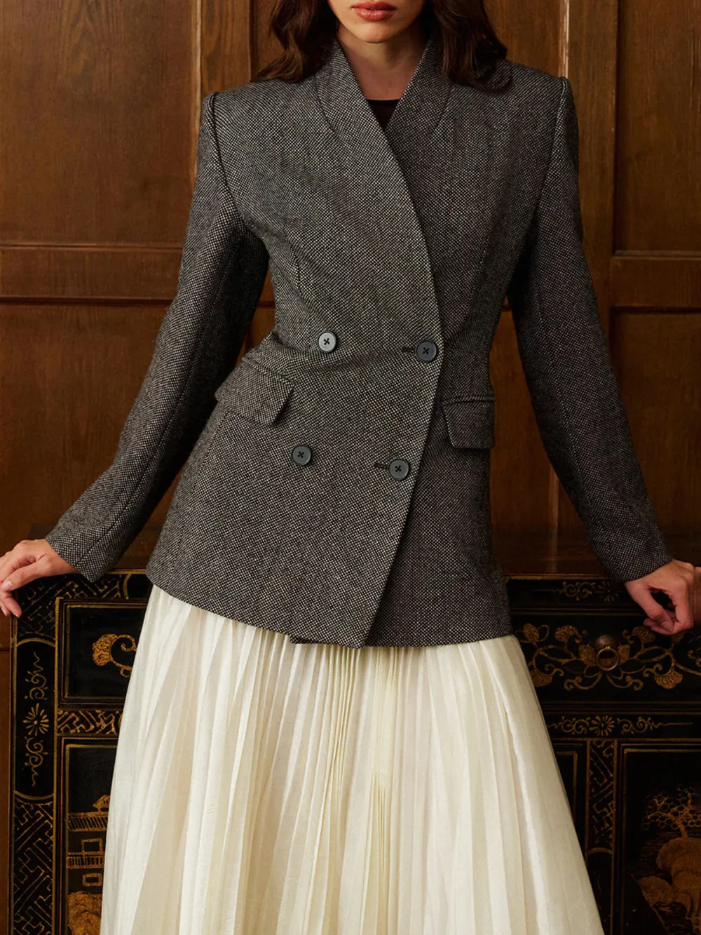 Wool-Blend Plain Double-Breasted Blazer