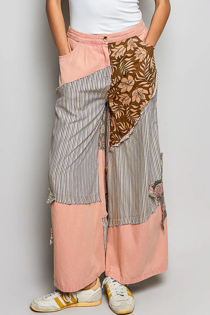 Sequin Floral Print Wide Leg Pocketed Pants
