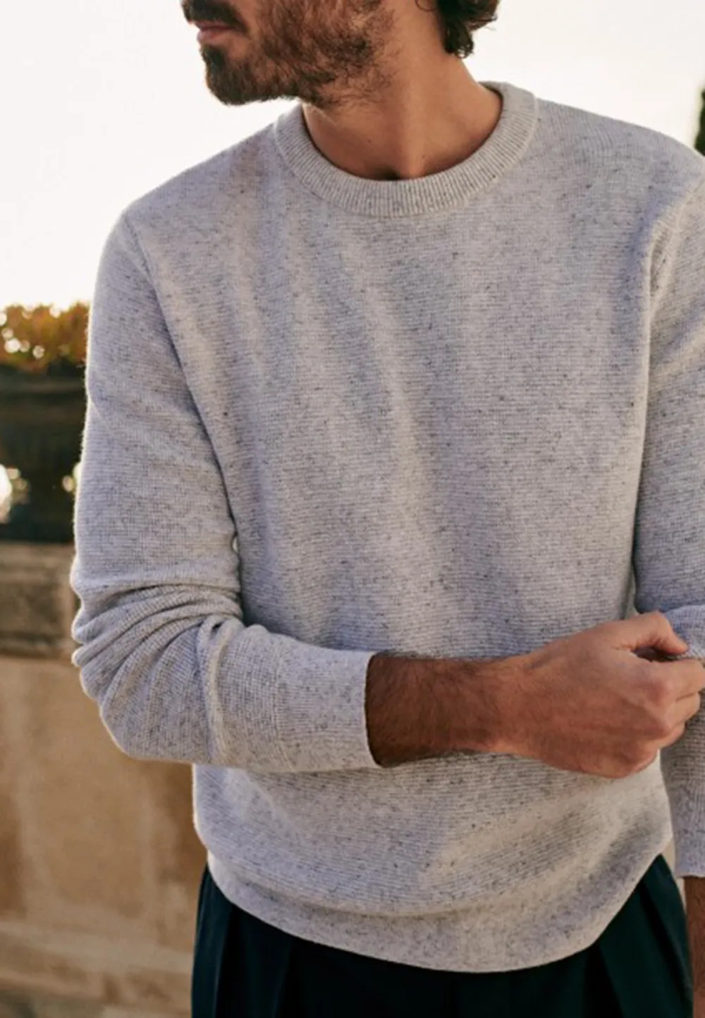 Heather Grey Textured Knit Crew Neck Sweater