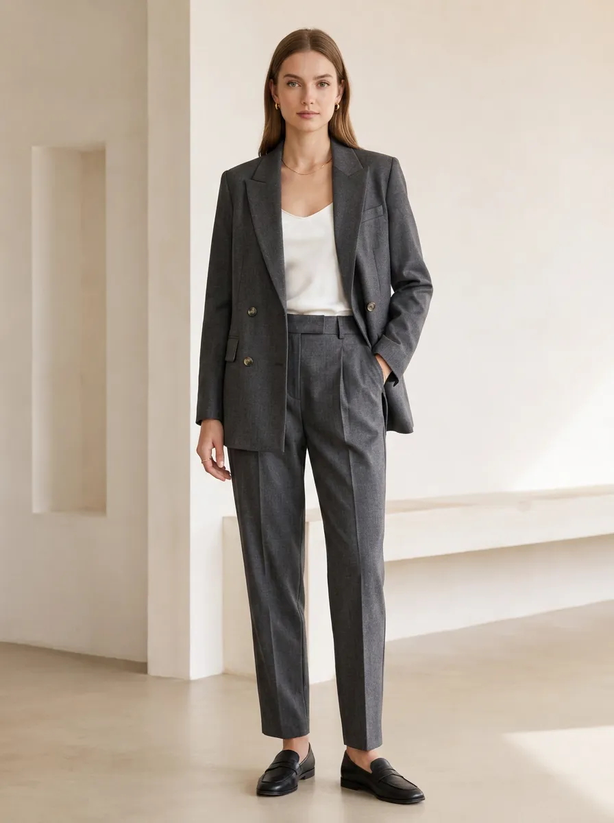 Women's Double Breasted Business Casual Grey Double-Breasted Blazer Trouser Suit Set