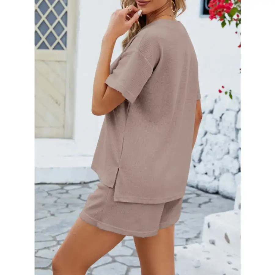 Casual Button Detail Ribbed Top and Shorts Two Piece Set