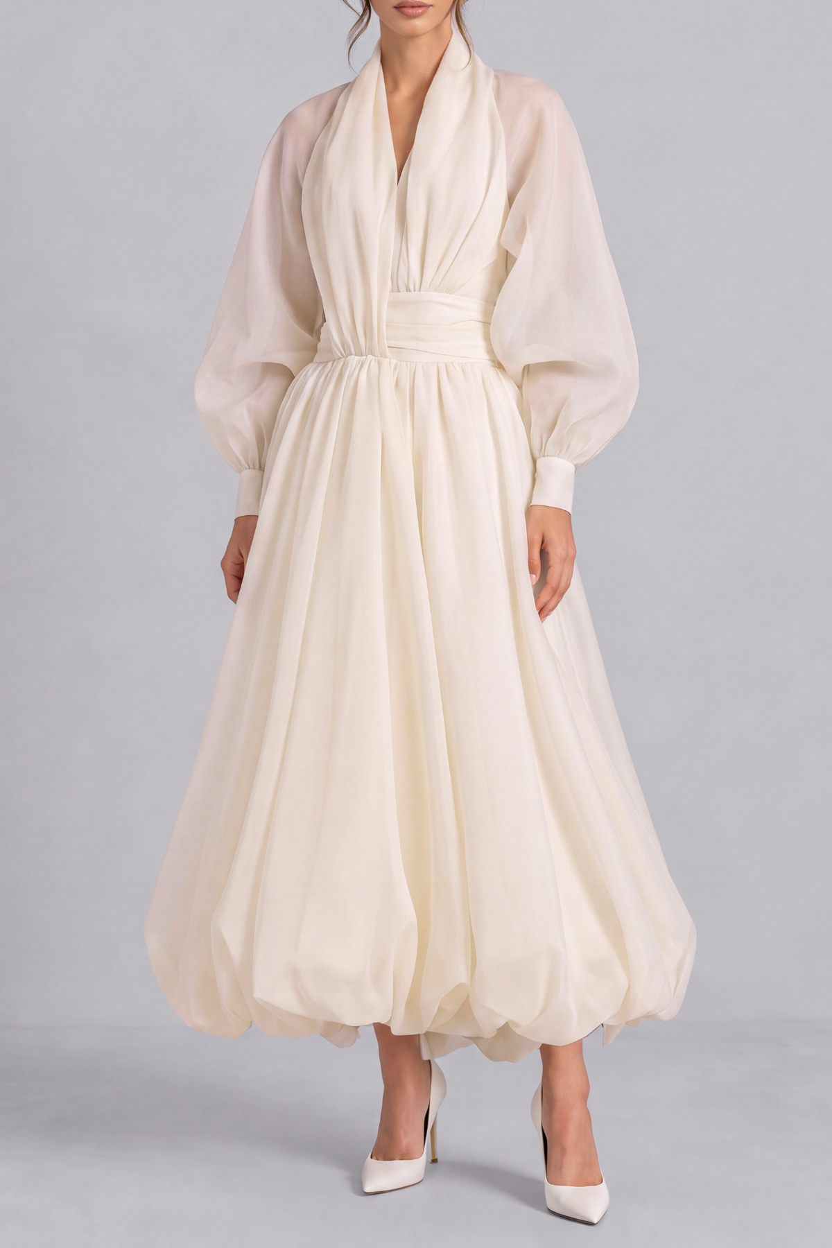 Balloon Sleeve Ruched Maxi Dress