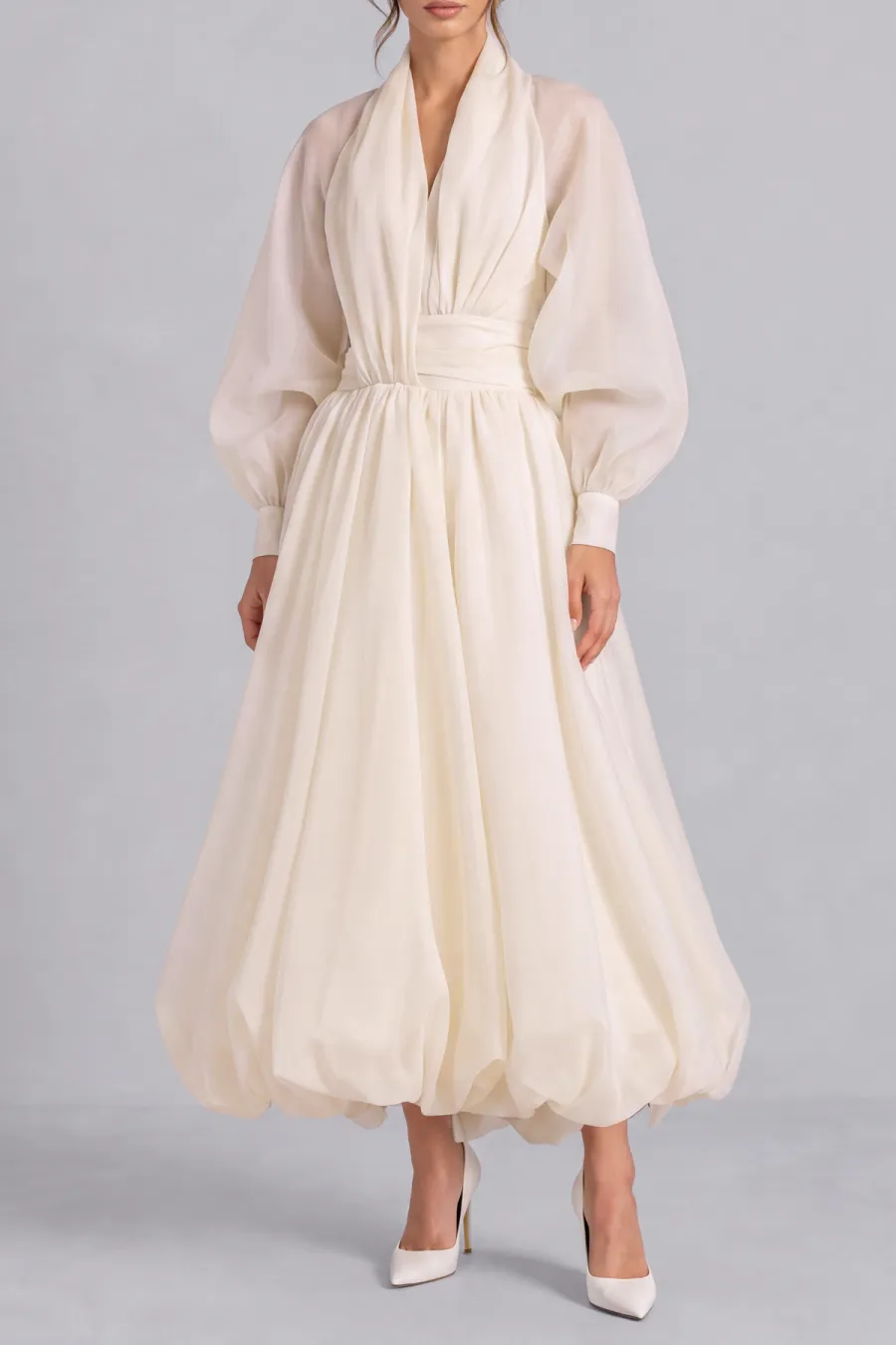 Balloon Sleeve Ruched Maxi Dress