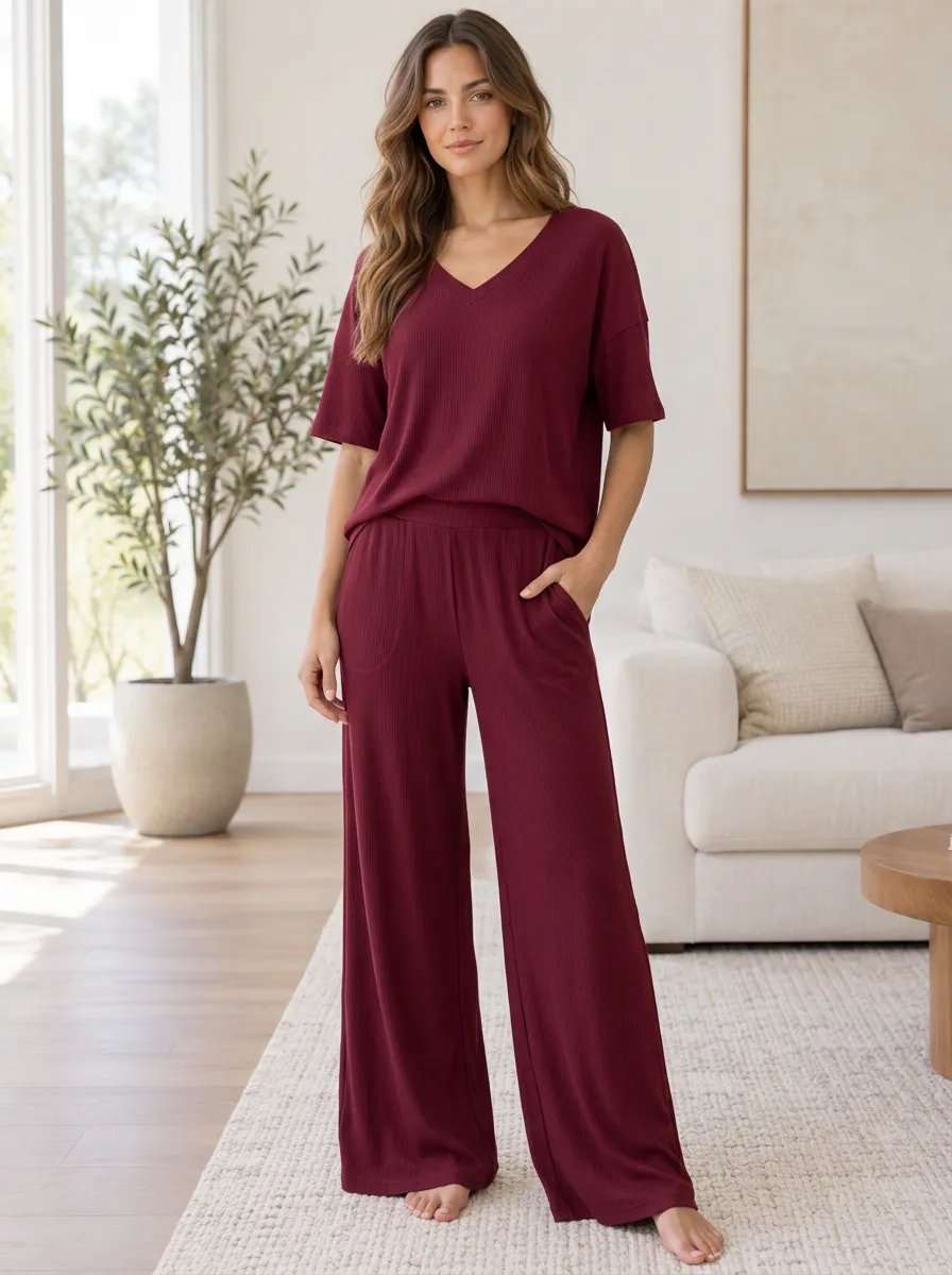 Relaxed Daily Women's Ribbed Wide Leg Pajama Set