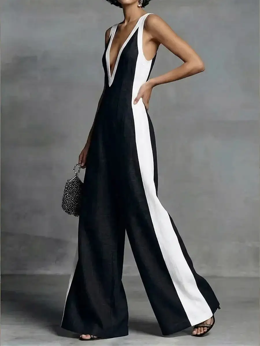 Jumpsuits Met Hoge Taille Losse Contrasterende Kleuren Zakken