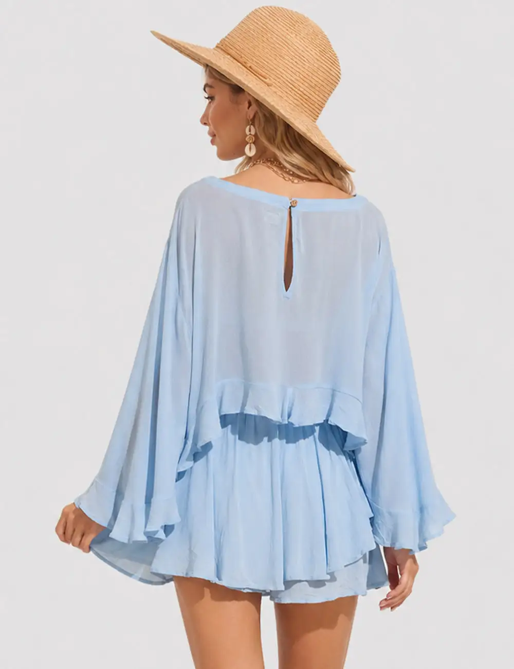 Chic Ruffle Sheer Chiffon Blouse and Skorts Set